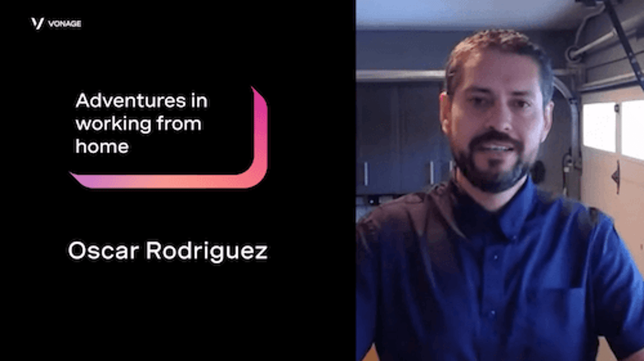 Oscar Rodriguez (Adventures in WFH) A left panel with the title "Adventures in working from home" above the name "Oscar Rodriguez" and a right panel with a headshot of Oscar.