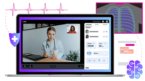 Healthcare Video Laptop AI Video API interface on laptop showcasing a doctor with supporting AI imagery surrounding it
