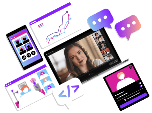 Meetings API Features Graphic showing meetings api, screen blur, welcome screen and whiteboarding