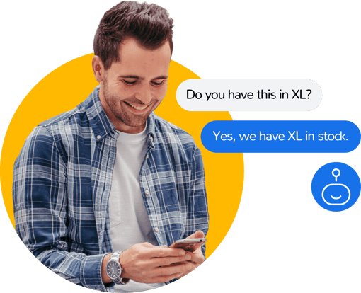 A shirt size inquiry from smiling customer to chat bot