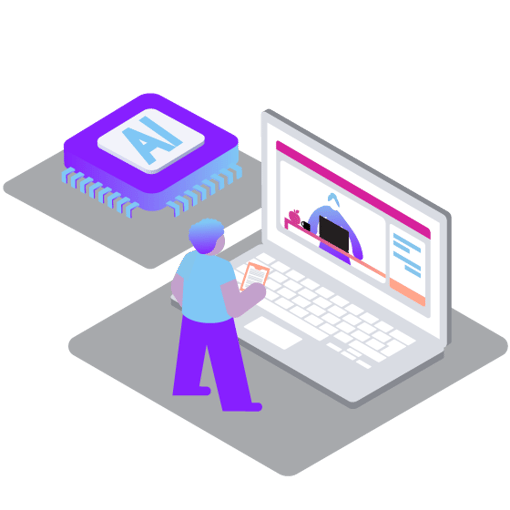 Illustration of a student standing in front of a oversized laptop, interacting with a teacher seen on the monitor. Beside the laptop is an icon representing AI.