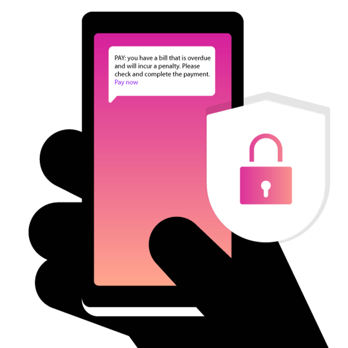 Messaging fraud phone Image of a hand holding a mobile phone with a fraudulent message on it urging the reader to pay a bill now with a large lock enclosed in a badge icon to the right of the phone, indicating the message is fraud