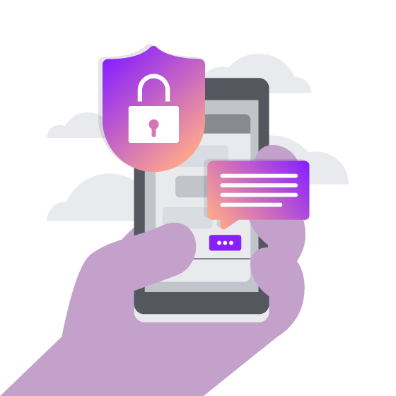 Illustration of a hand holding a cell phone. Two icons float in front of the screen representing text messages and security.